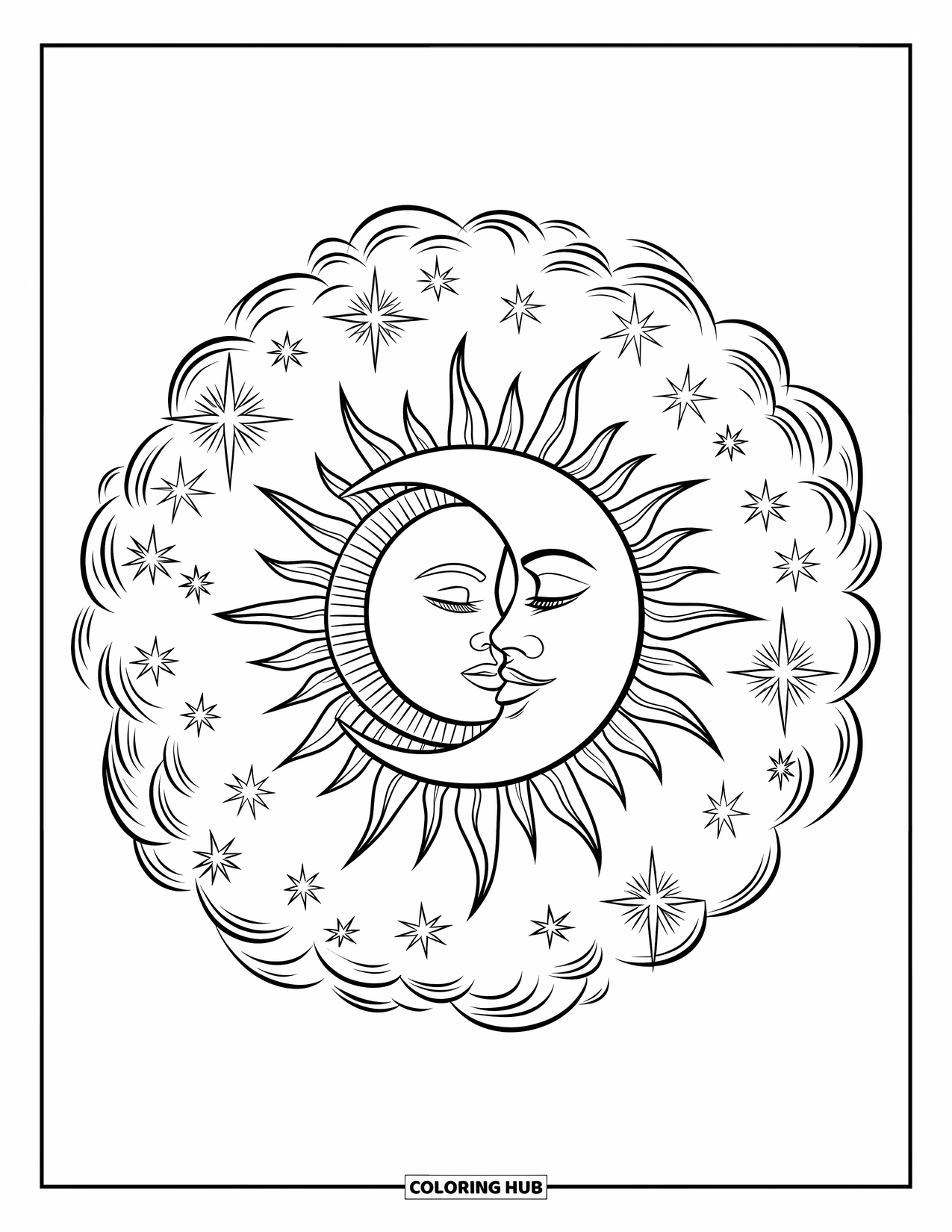 Sun And Moon Coloring Page for Adults: A detailed sun and crescent moon share a cozy moment surrounded by stars