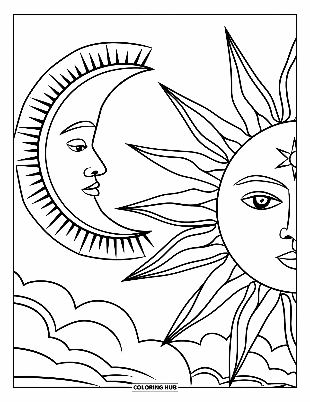 Sun And Moon Coloring Page for Adults: A detailed view of the crowned moon and sun gem duo in fluffy celestial clouds