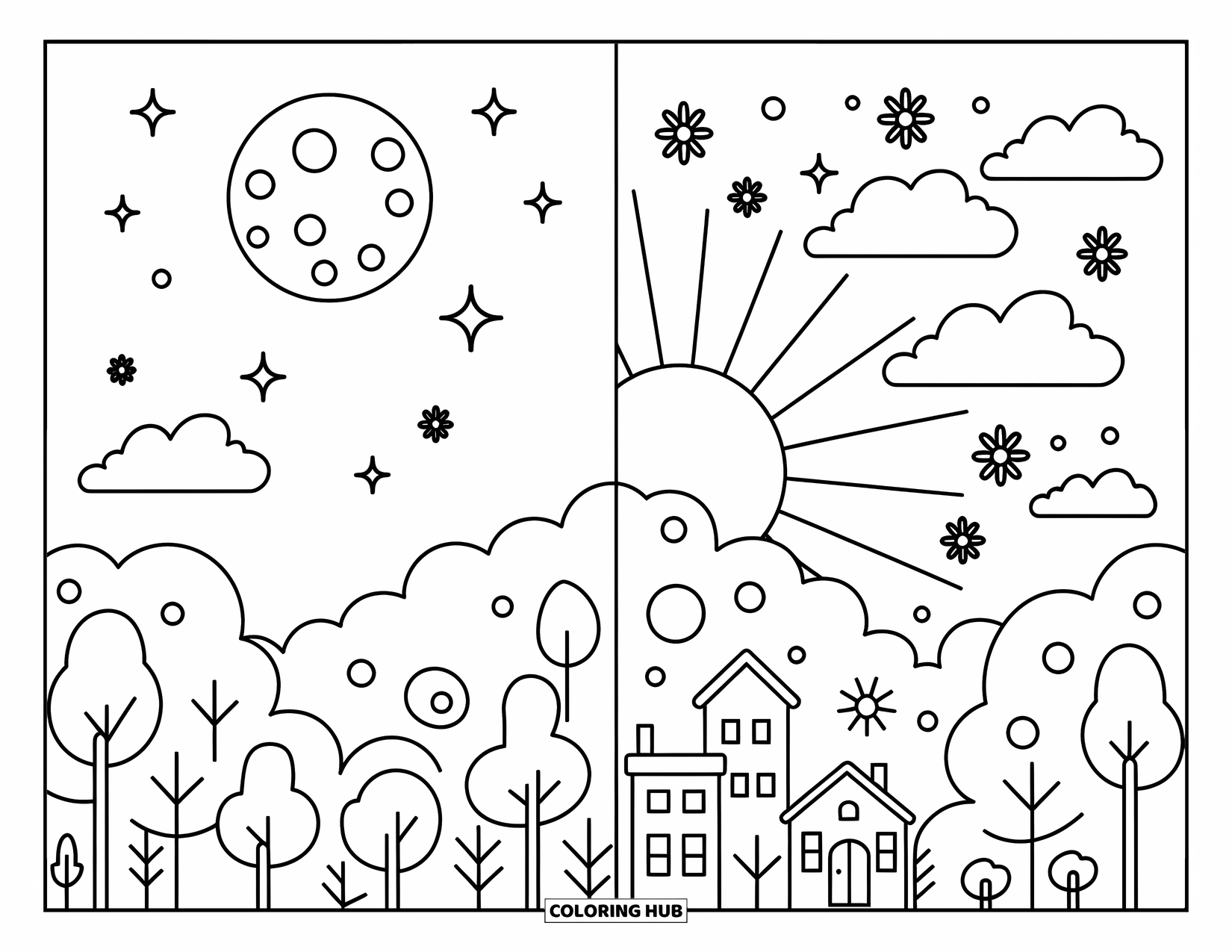 Sun And Moon Coloring Page for Adults: A dreamy forest night shifts into a sunny morning with stars, hills, clouds, and tiny homes