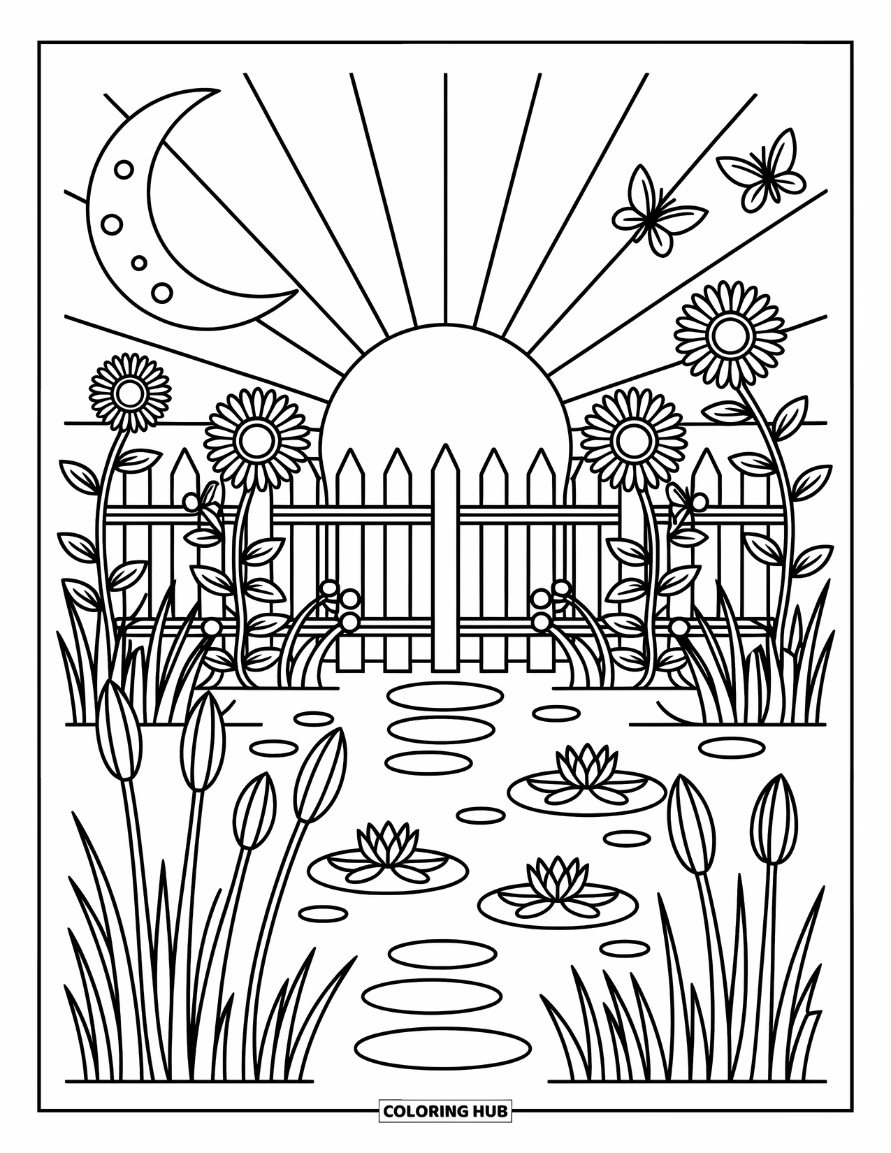 Sun And Moon Coloring Page for Adults: A garden glows with moonlight and sun rays over lily pads, sunflowers, and butterflies