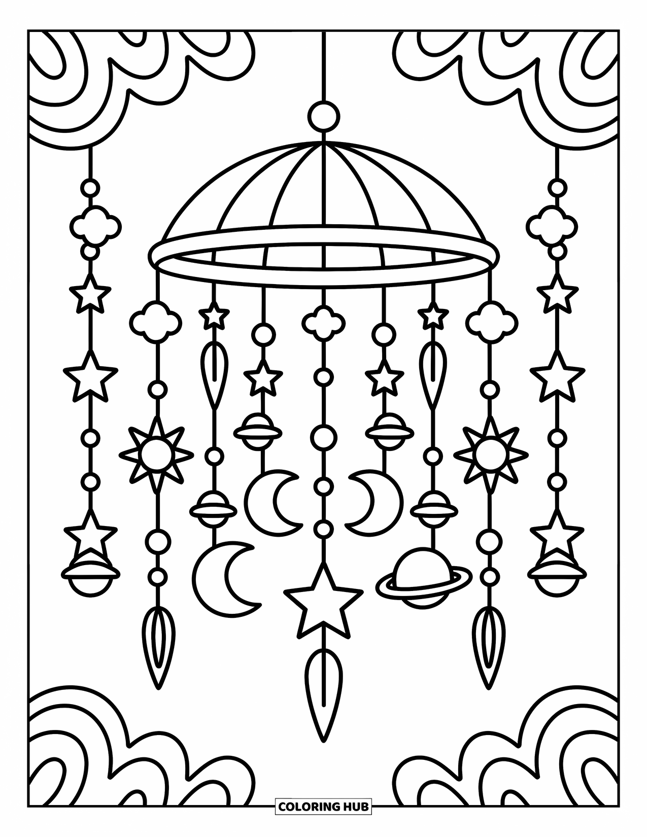 Sun And Moon Coloring Page for Adults: A hanging mobile with moons, suns, and tiny charms swings gently from an arc