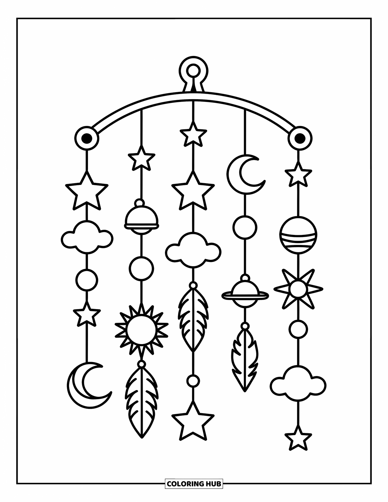 Sun And Moon Coloring Page for Adults: A mobile of stars, moons, feathers, and planets sways in a soft arc