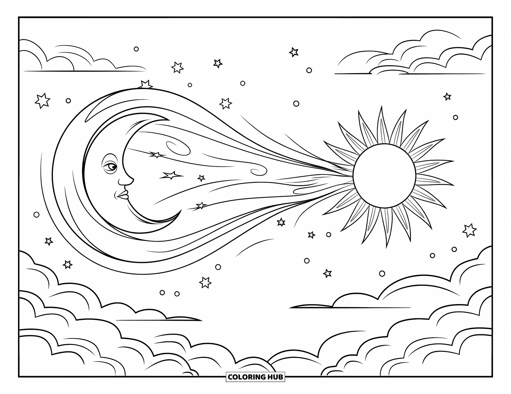 Sun And Moon Coloring Page for Adults: A moon in a hat blows wind toward the smiling sun through starry curls