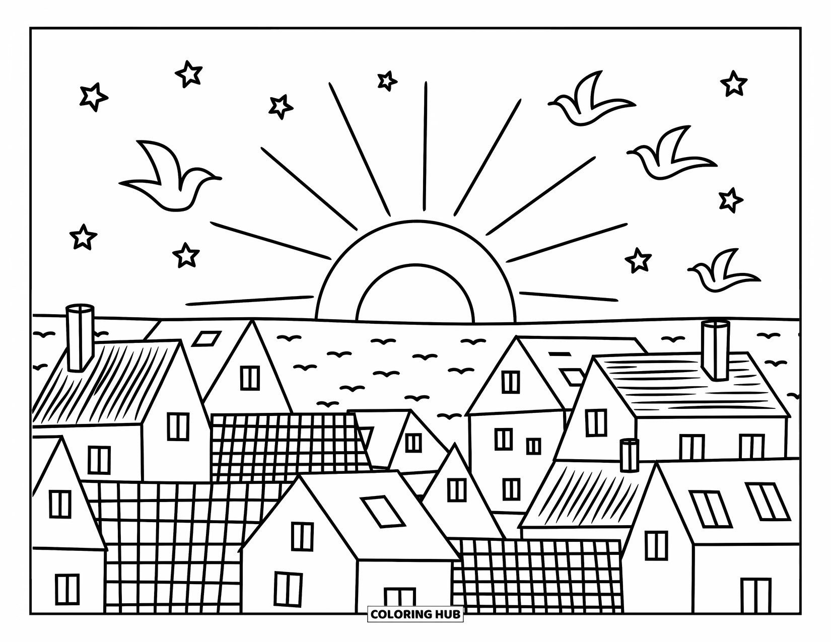Sun And Moon Coloring Page for Adults: A moonlit town with lantern rooftops brightens as birds fly toward the rising sun