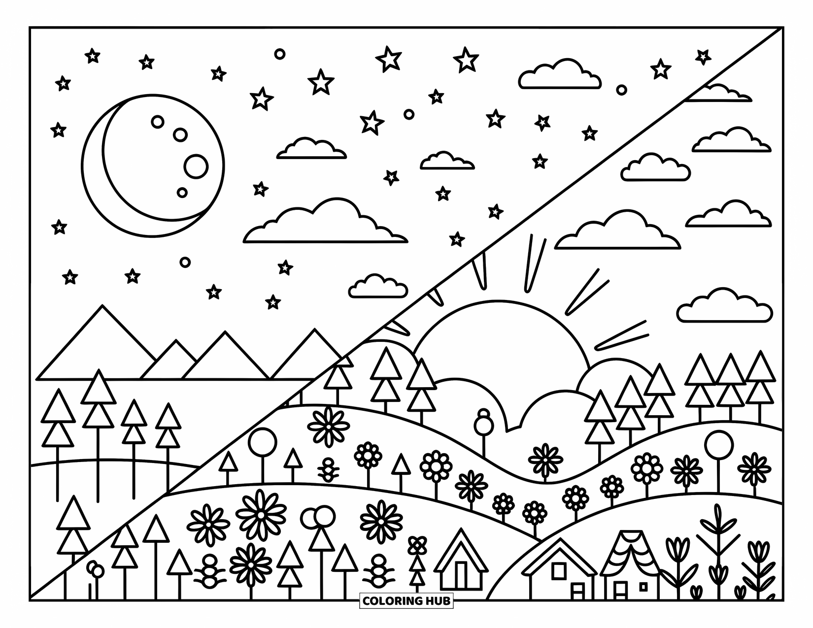 Sun And Moon Coloring Page for Adults: A night-to-day scene with stars, treetops, flowers, and little houses along soft hills
