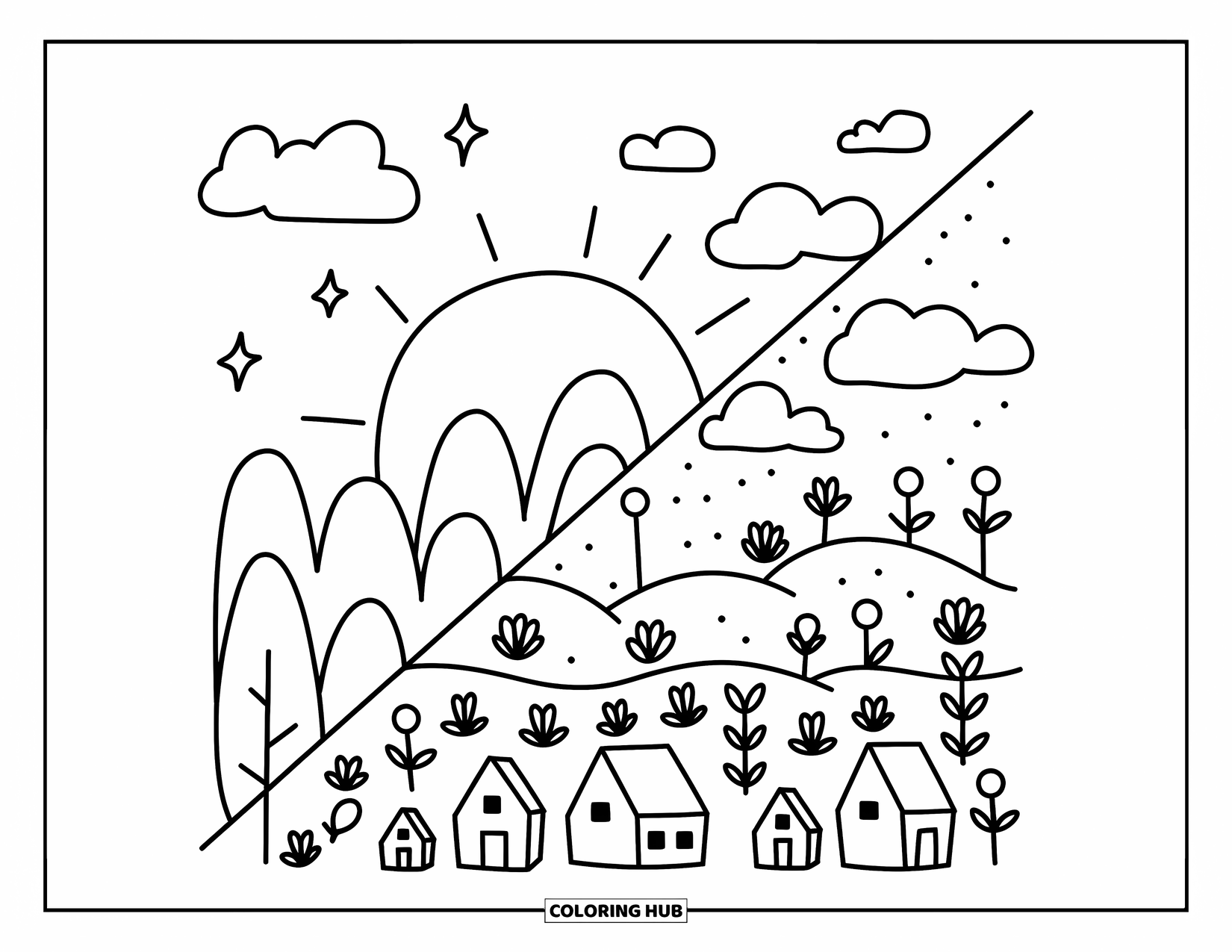 Sun And Moon Coloring Page for Adults: A peaceful landscape transforms from night to day with stars, flowers, clouds, and homes