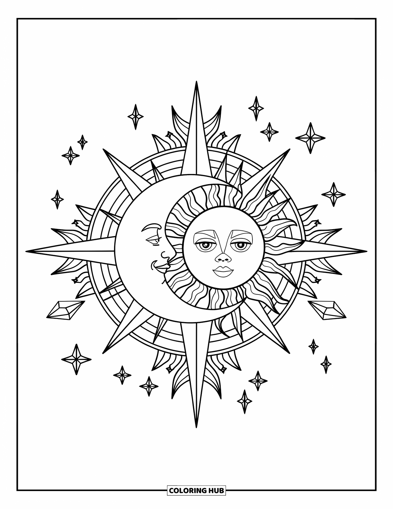 Sun And Moon Coloring Page for Adults: A royal sun and moon sit inside a compass rose with celestial sparkles all around