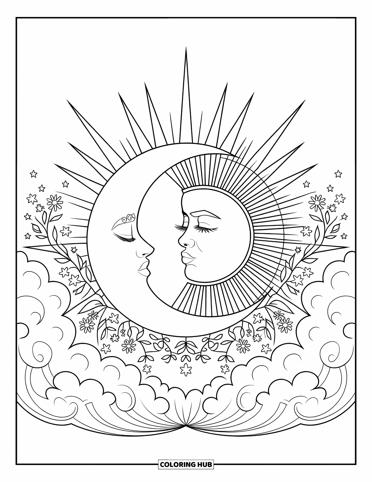 Sun And Moon Coloring Page for Adults: A soft moment between sun and moon, framed by stars, beams, and clouds