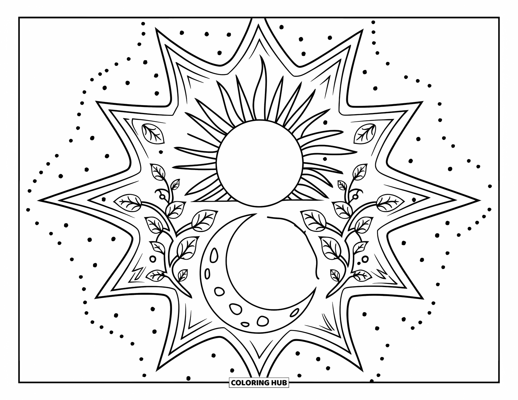 Sun And Moon Coloring Page for Adults: A starburst surrounds the sun and moon with swirling vines and delicate patterns