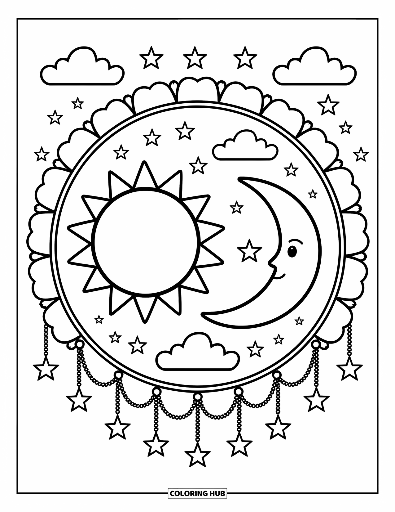 Sun And Moon Coloring Page for Adults: A sun and moon rest side by side in a border of clouds and stars