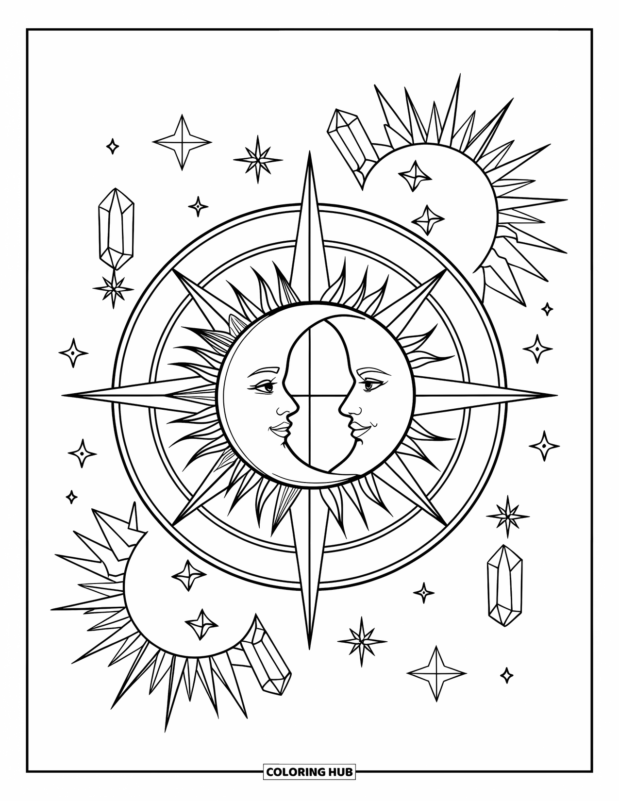 Sun And Moon Coloring Page for Adults: A vintage compass rose features a sun and moon surrounded by stars and sparkles