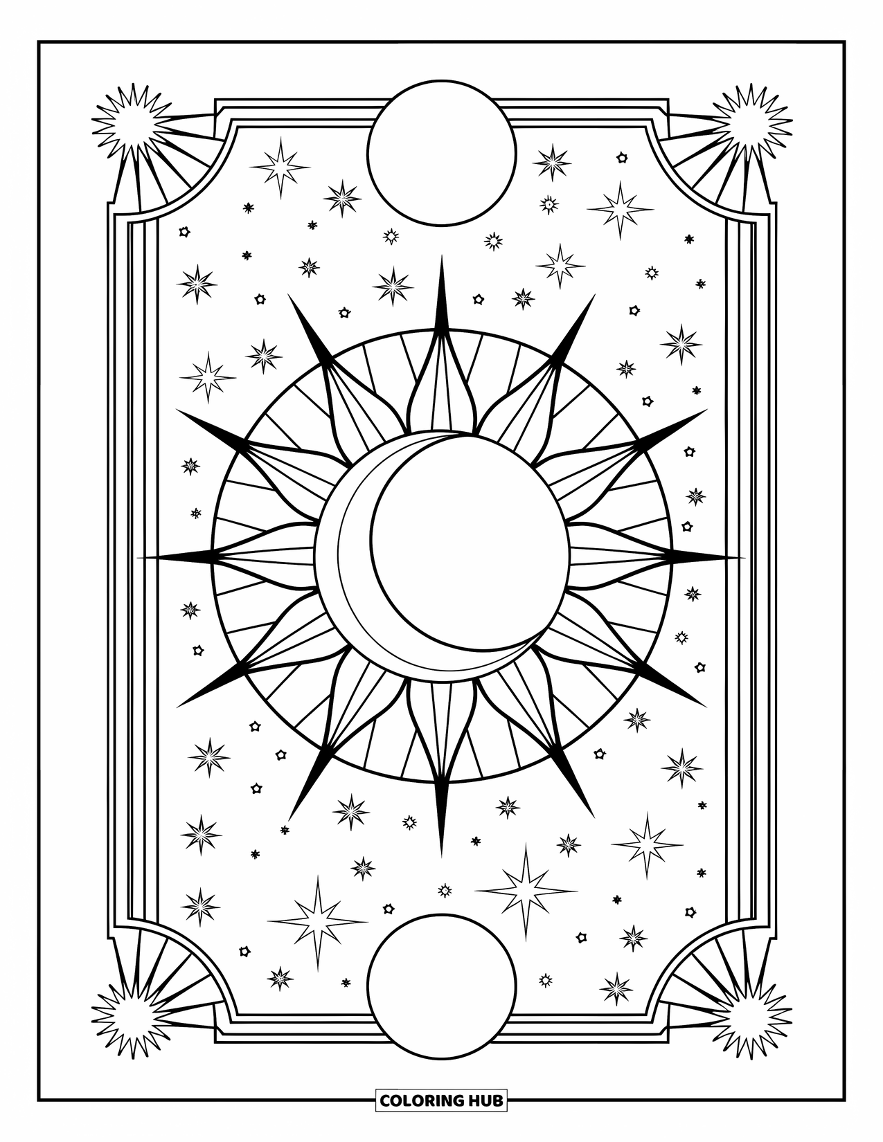 Sun And Moon Coloring Page for Adults: An art deco sky frames a sun with leafy rays and a moon behind it