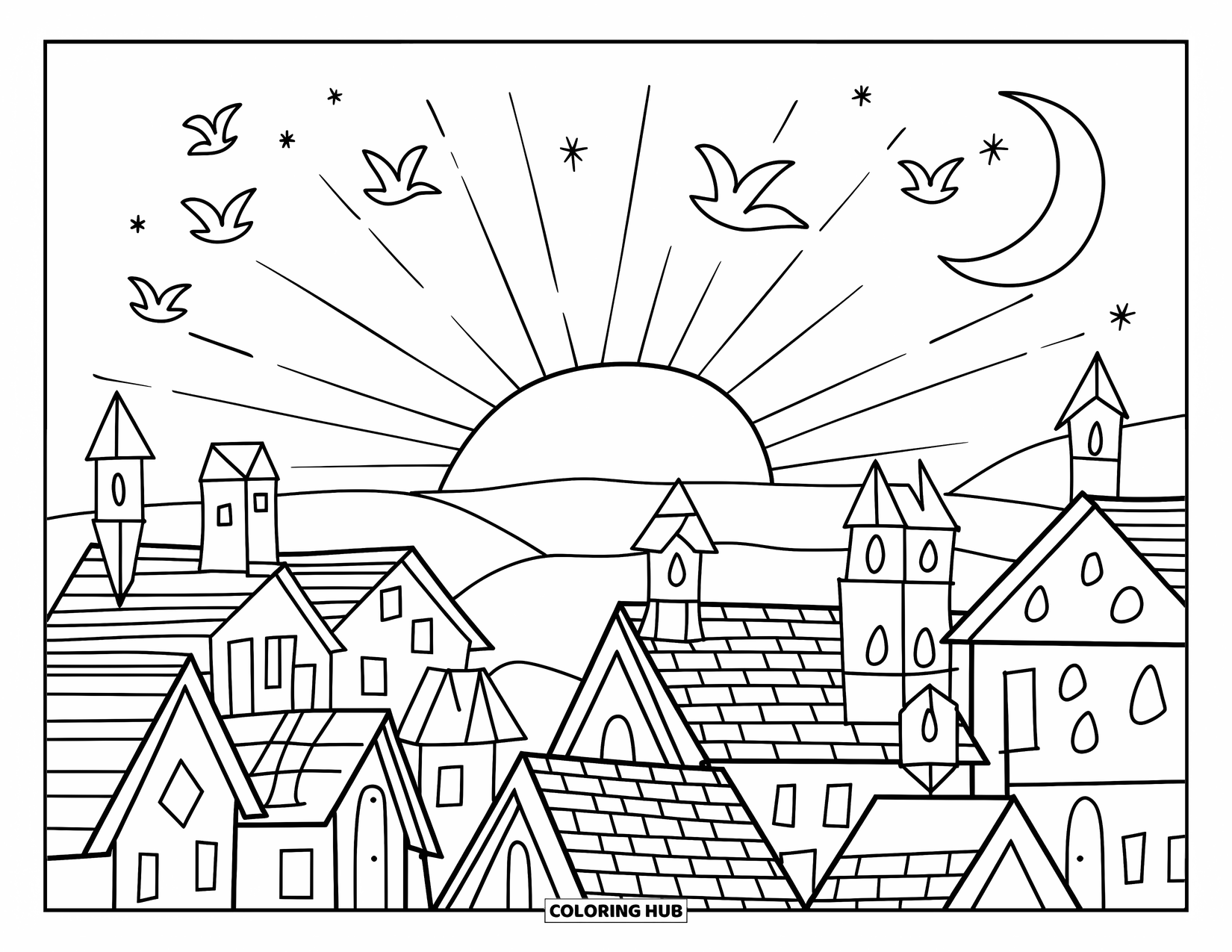 Sun And Moon Coloring Page for Adults: Lantern-lit rooftops shine under the moon with birds flying toward sunrise
