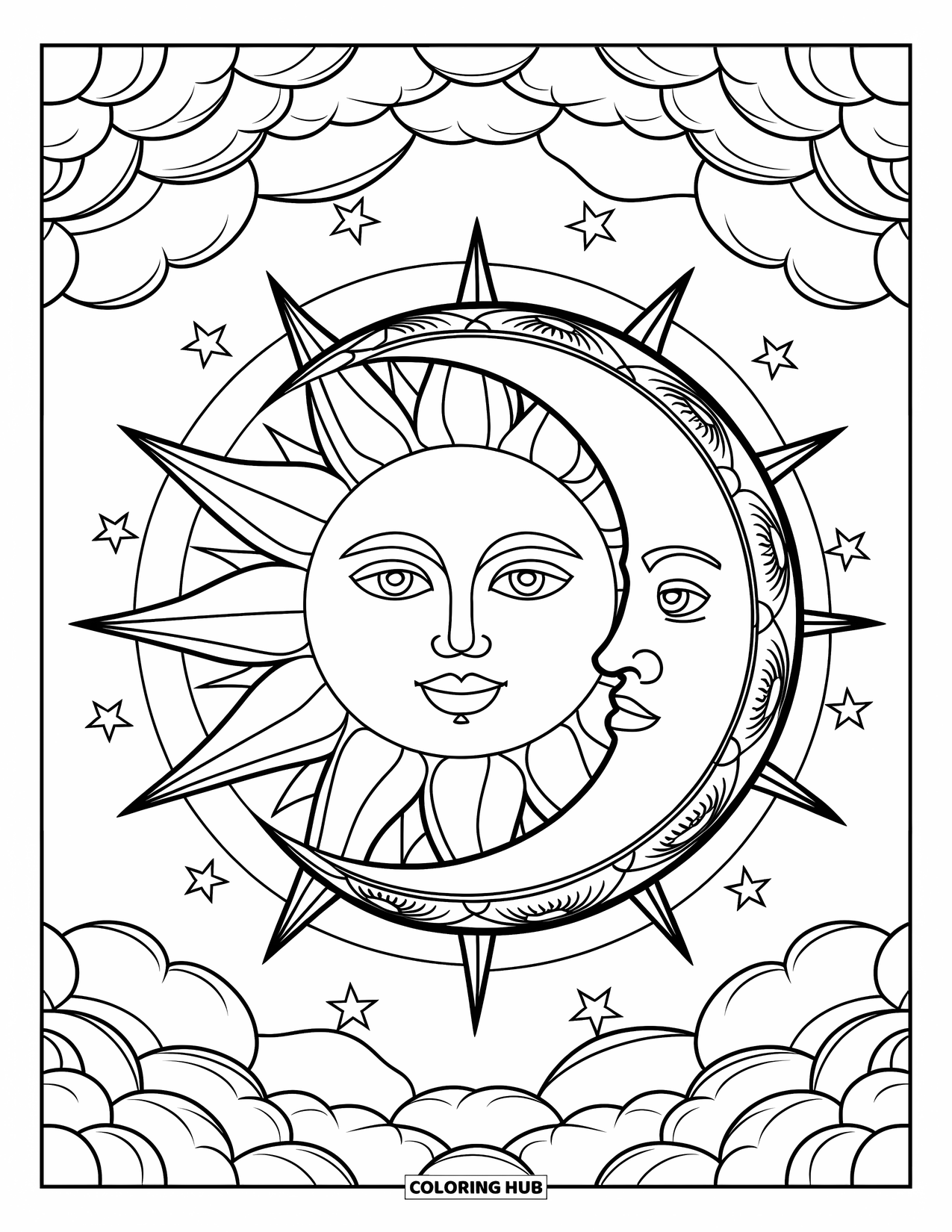 Sun And Moon Coloring Page for Adults: Layered clouds and stars frame expressive sun and moon faces in a dreamy design