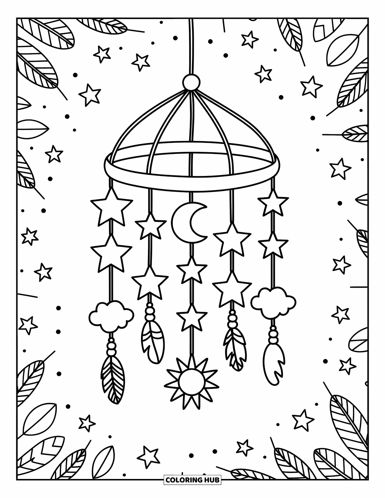Sun And Moon Coloring Page for Adults: Moons, stars, suns, and little charms dangle from a magical celestial mobile