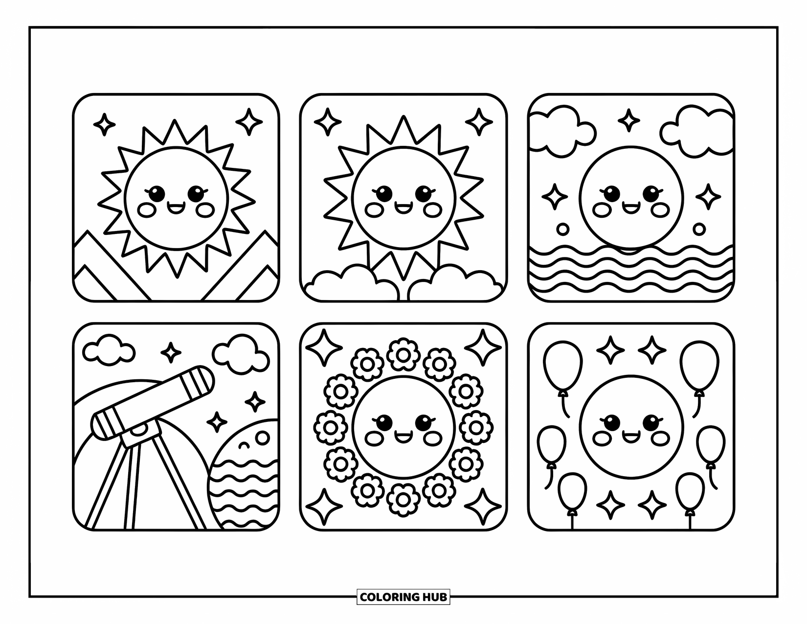 Sun And Moon Coloring Page for Adults: Six square panels of suns and moons float through clouds, mountains, oceans, and balloons