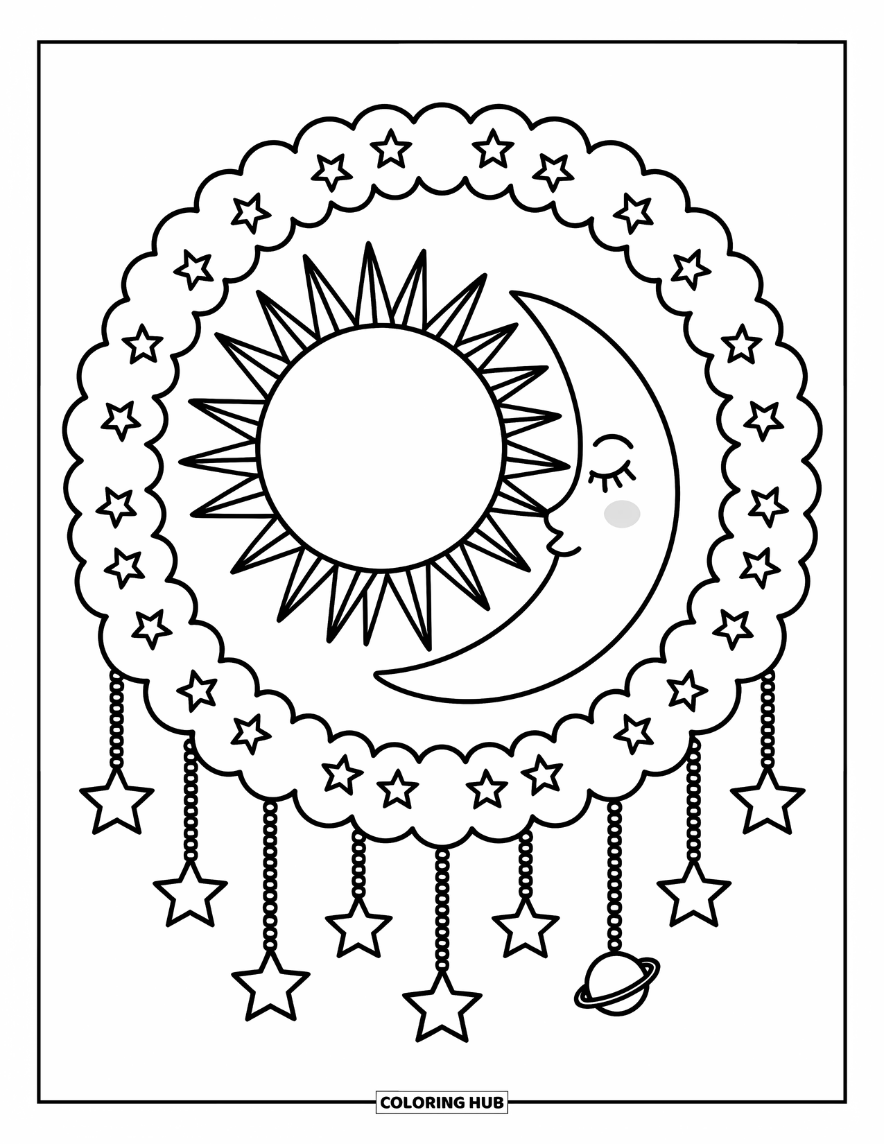 Sun And Moon Coloring Page for Adults: Stars, planets, and swirls decorate a circular frame with the sun and moon inside