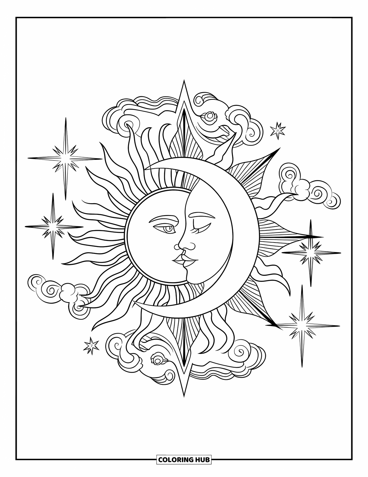 Sun And Moon Coloring Page for Adults: Sun and moon faces nestle together beneath radiant stars and curly clouds