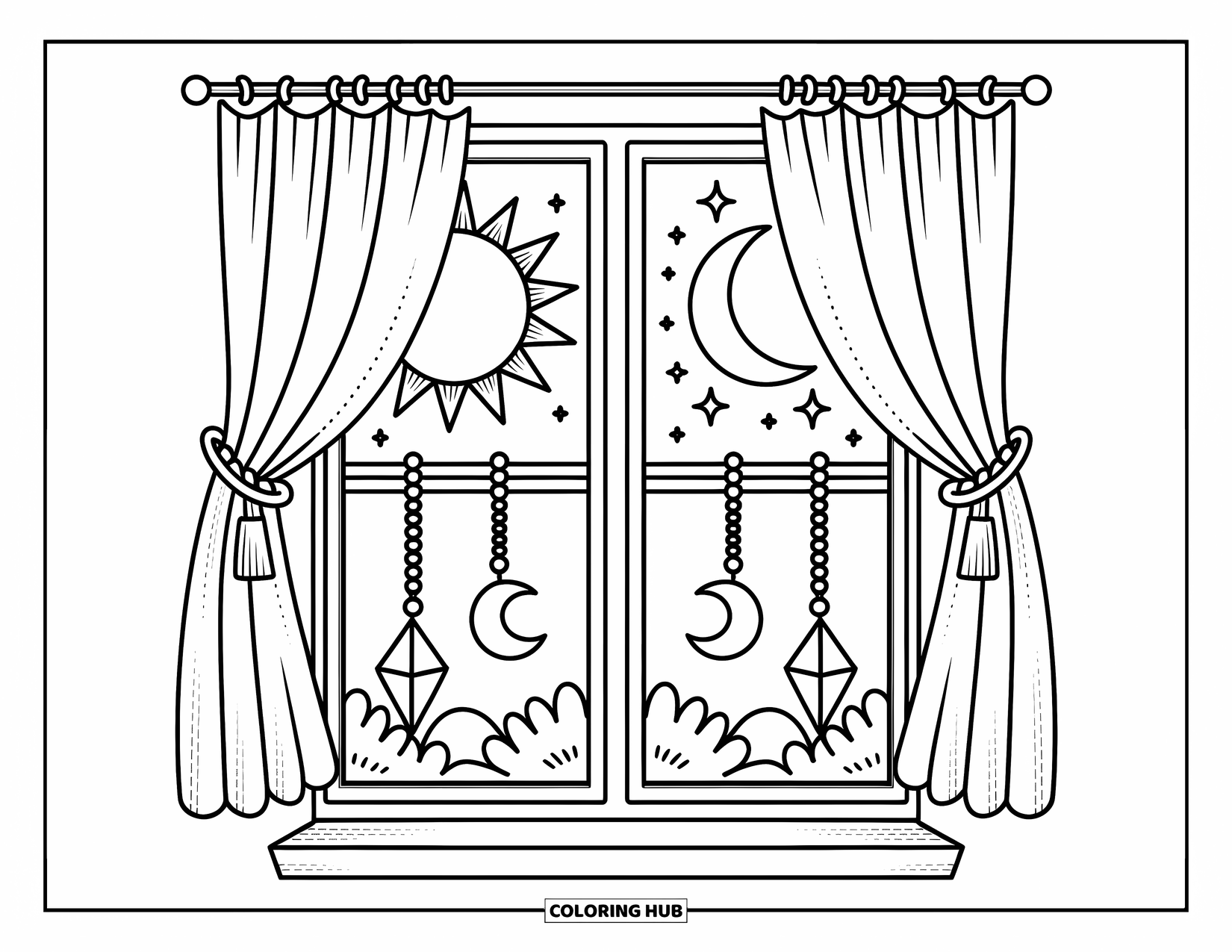 Sun And Moon Coloring Page for Adults: Sunlight and moonlight peek through a window framed by curtains and crystal ornaments