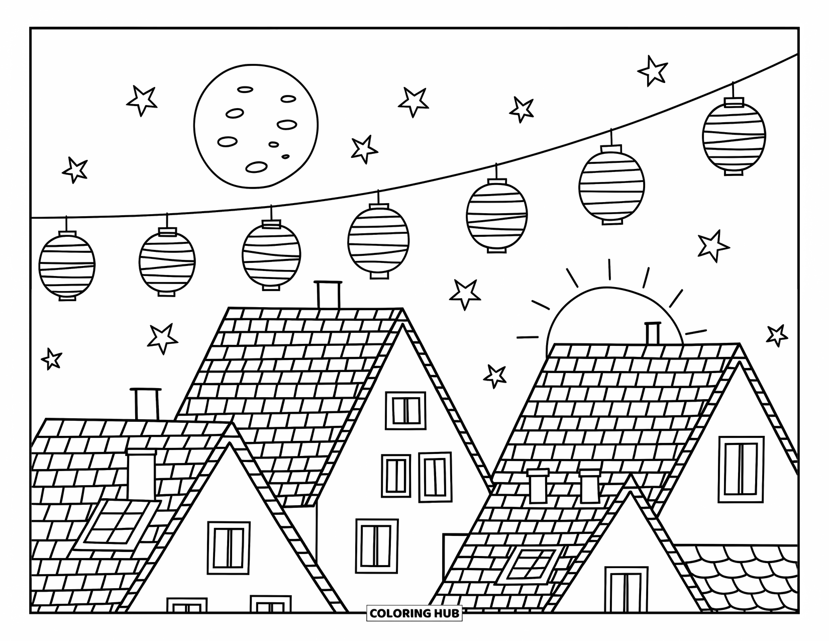 Sun And Moon Coloring Page for Adults: The moon glows over rooftops and birds glide across a softly brightening sky