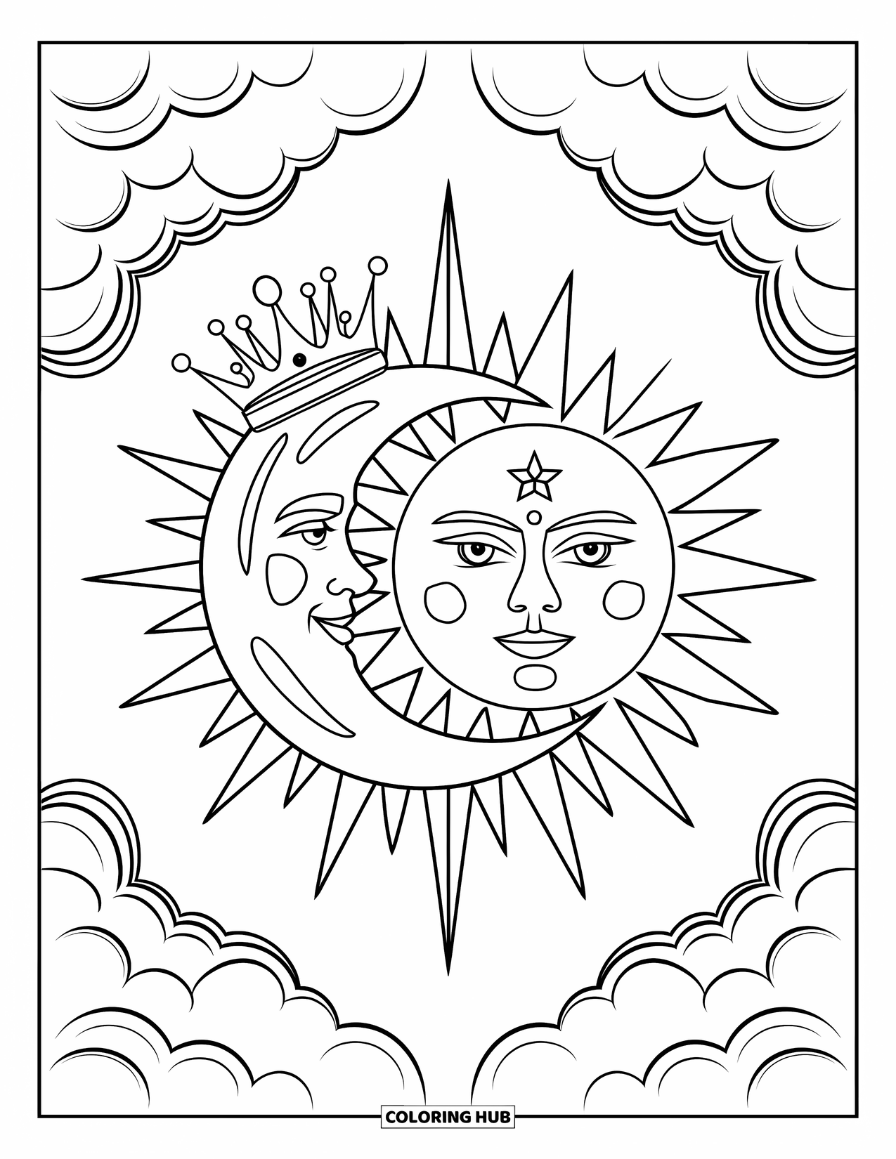 Sun And Moon Coloring Page for Adults: The moon wears a crown and the sun sparkles with a star gem in soft clouds