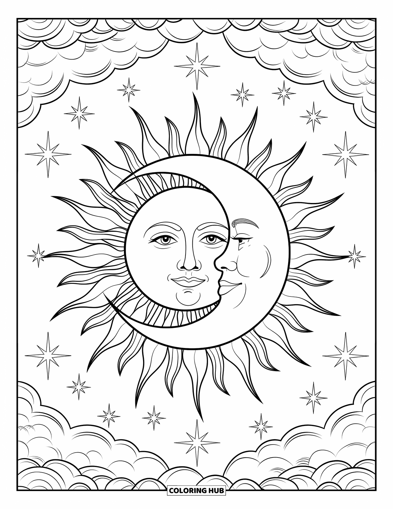 Sun And Moon Coloring Page for Adults: The smiling sun and moon rest together among clouds and glowing star accents