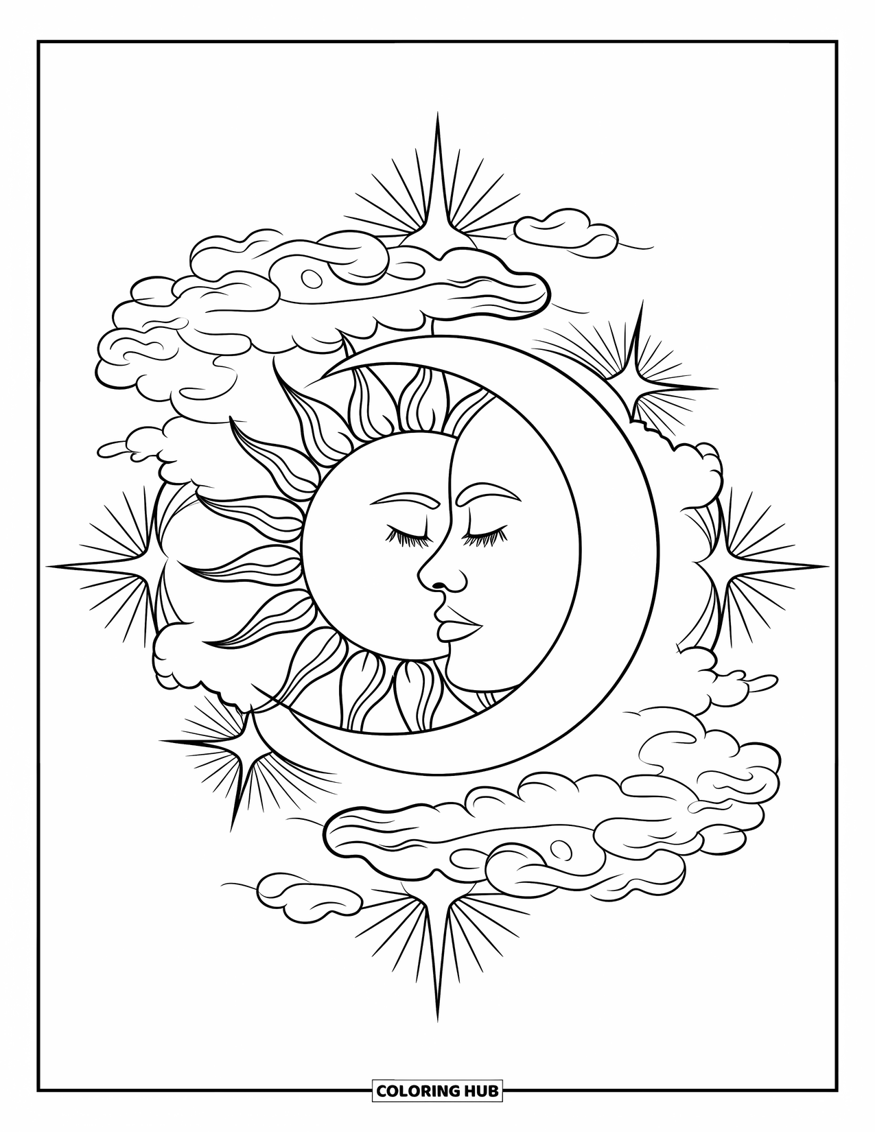 Sun And Moon Coloring Page for Adults: The sun and crescent moon cuddle among radiant stars and swirling clouds