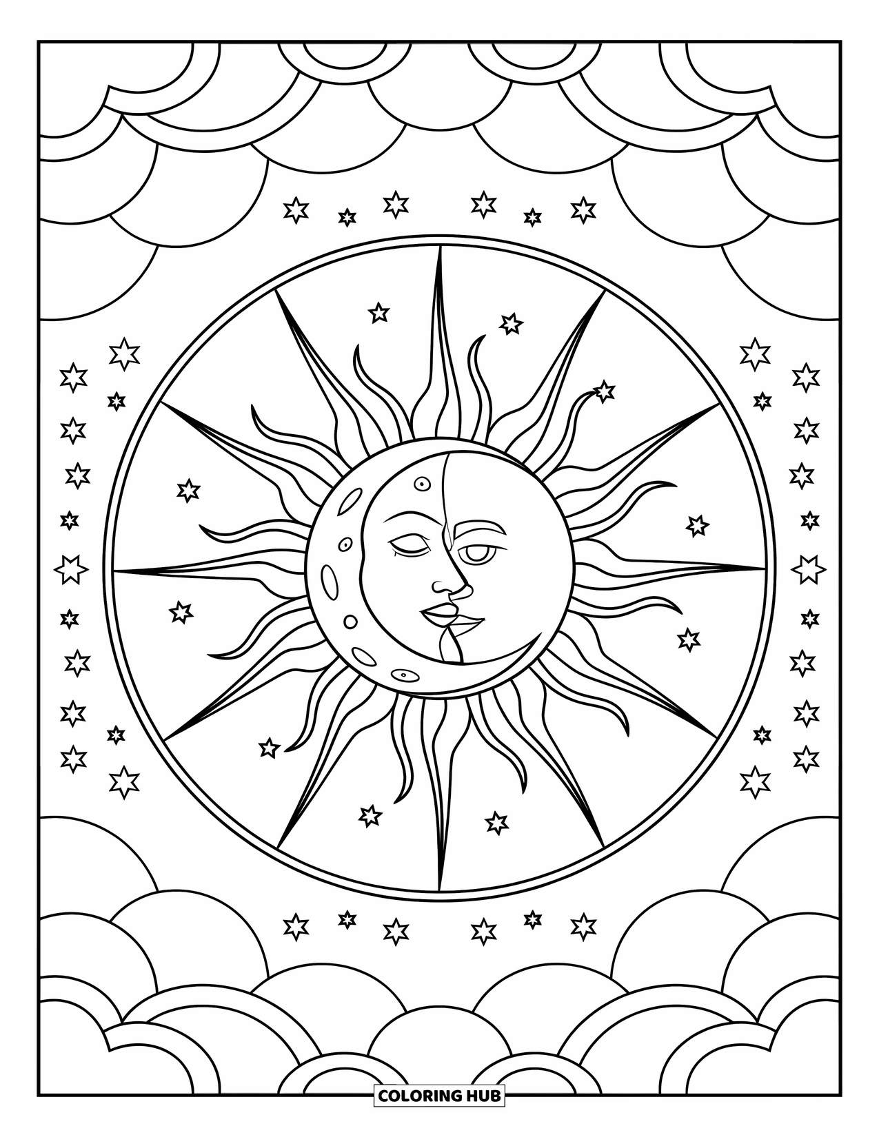 Sun And Moon Coloring Page for Adults: The sun and moon are fused in a circle with patterned stars and swirling clouds
