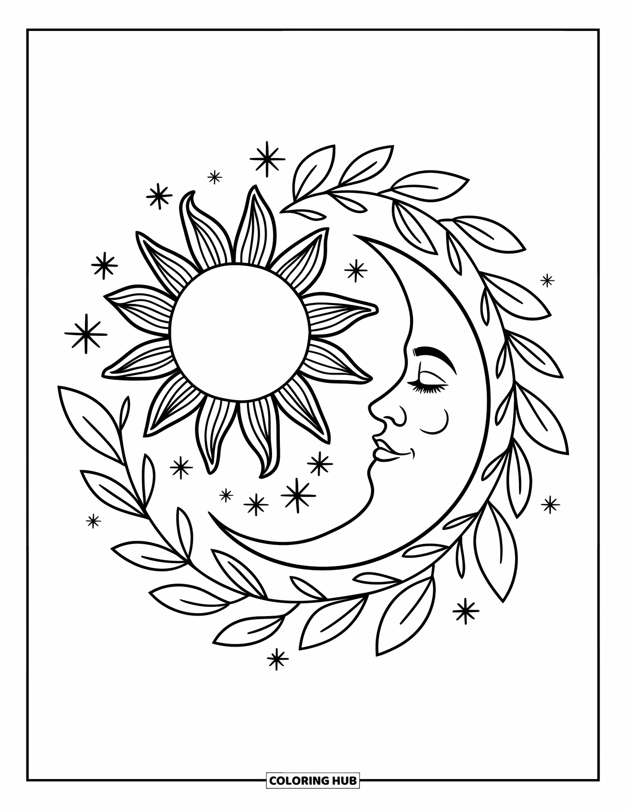 Sun And Moon Coloring Page for Adults: The sun and moon curl into a yin-yang, surrounded by vines, stars, and waves