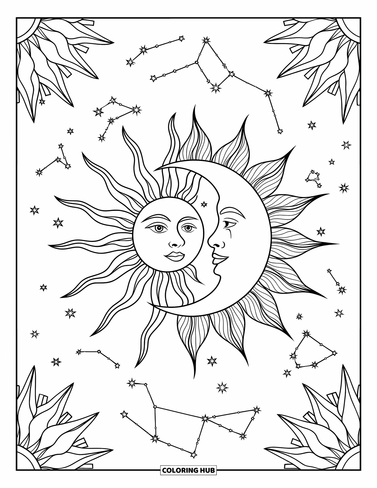 Sun And Moon Coloring Page for Adults: The sun and moon gaze at each other surrounded by stardust and constellations