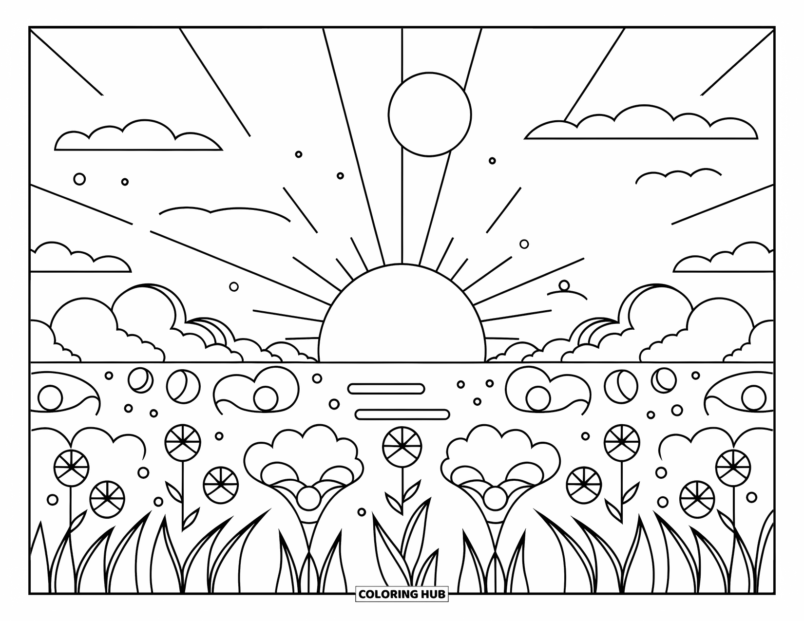 Sun And Moon Coloring Page for Adults: The sun and moon meet over a horizon of swirling clouds and cosmic blooms