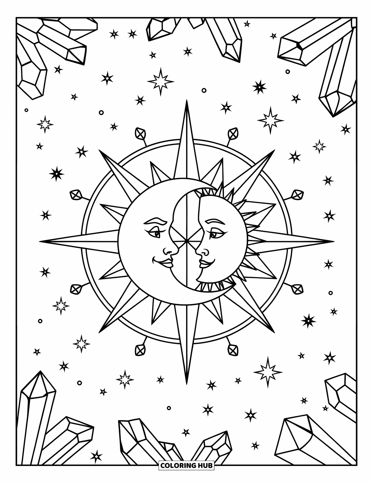 Sun And Moon Coloring Page for Adults: The sun and moon rest in a compass rose with surrounding stars and crystals