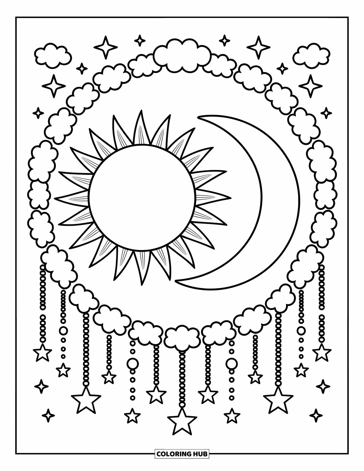 Sun And Moon Coloring Page for Adults: The sun and moon sit together inside a circle of stars, clouds, and sparkles