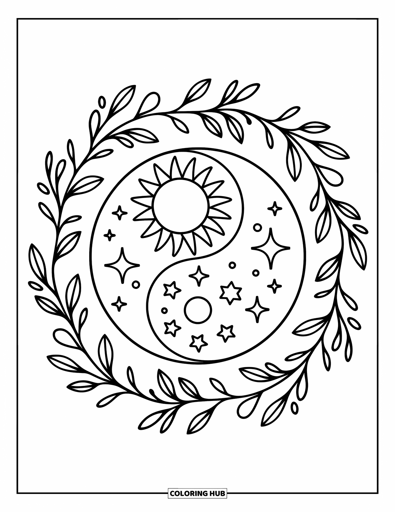 Sun And Moon Coloring Page for Adults: The sun and moon swirl in a yin-yang with stars, vines, and gentle waves