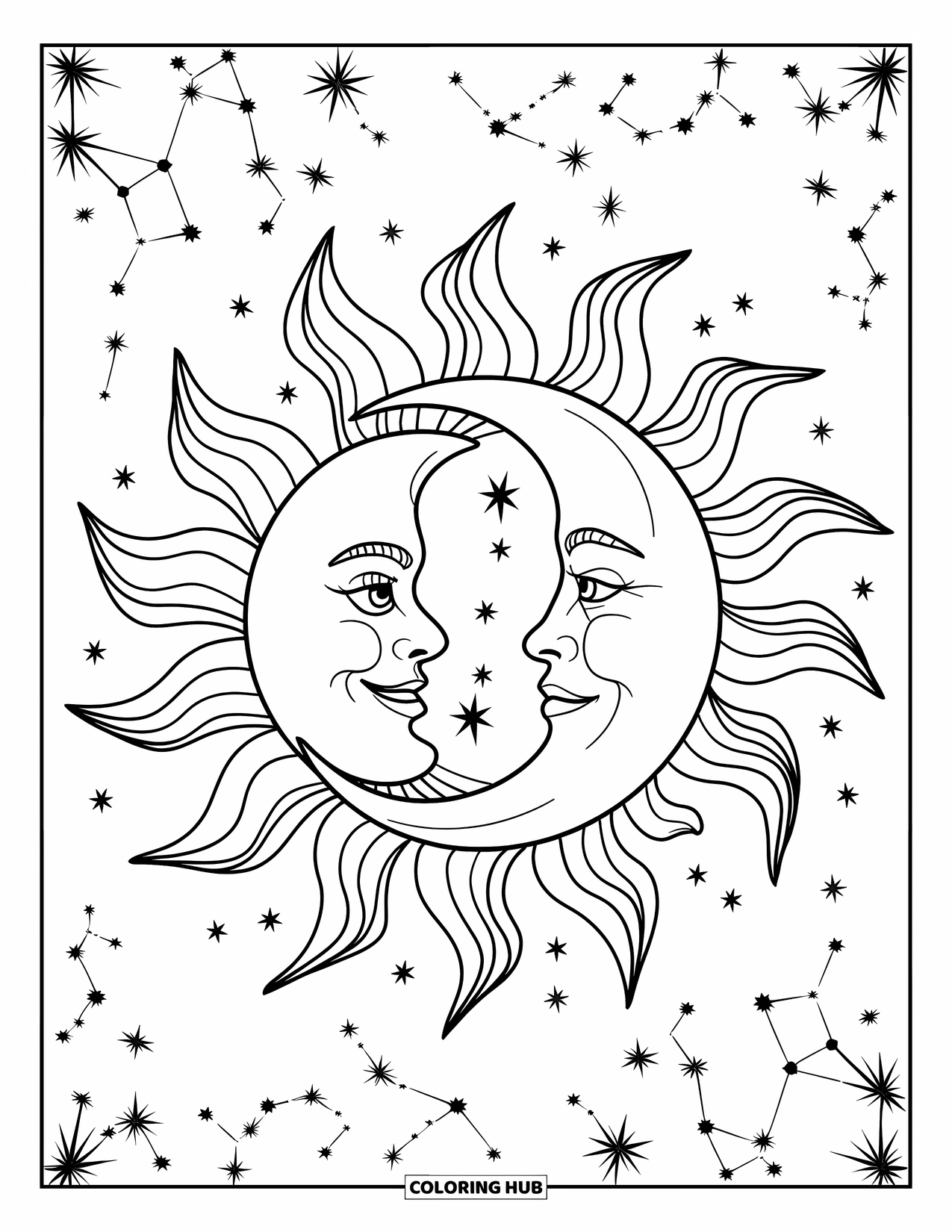 Sun And Moon Coloring Page for Adults: The sun smiles and the moon frowns as rays swirl between stars and constellations