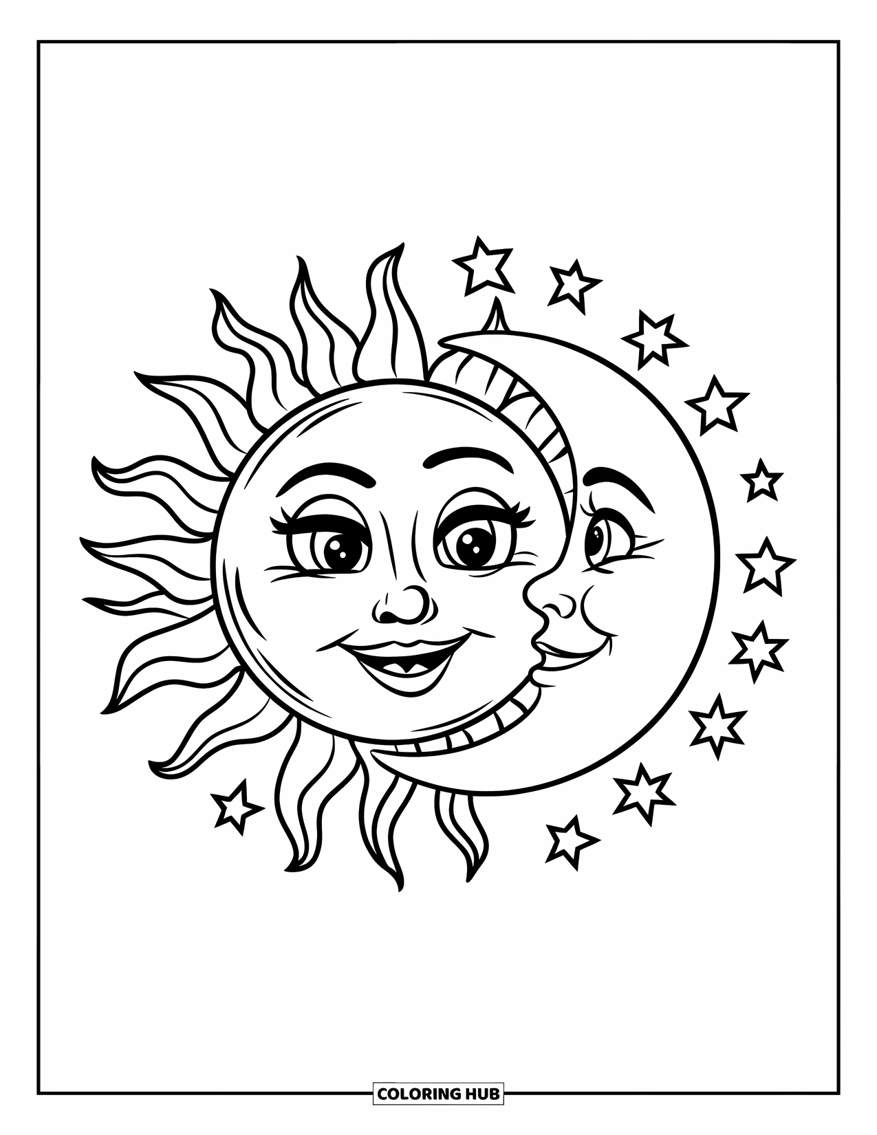 Sun And Moon Coloring Page for Kids: A big smiling sun and little moon are surrounded by fun star shapes