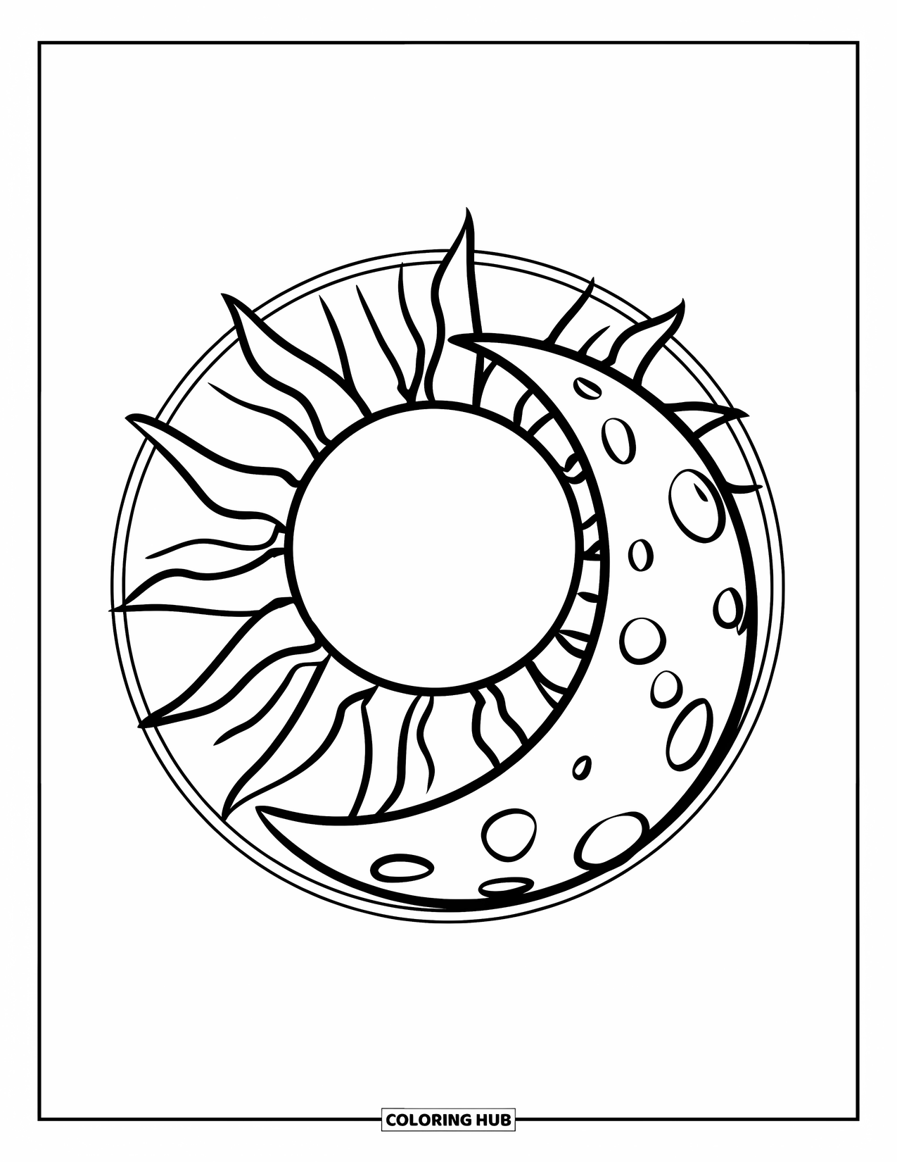 Sun And Moon Coloring Page for Kids: A big sun and cratered moon sit inside a circular frame