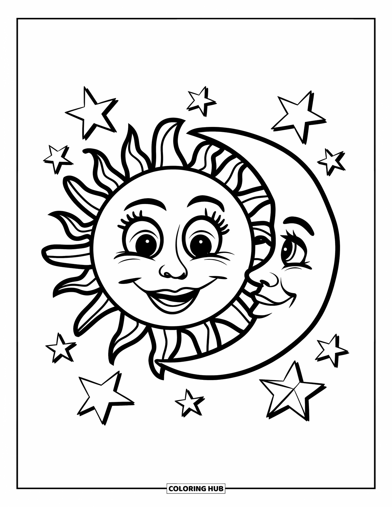 Sun And Moon Coloring Page for Kids: A bright sun and crescent moon share a star-filled sky with happy faces