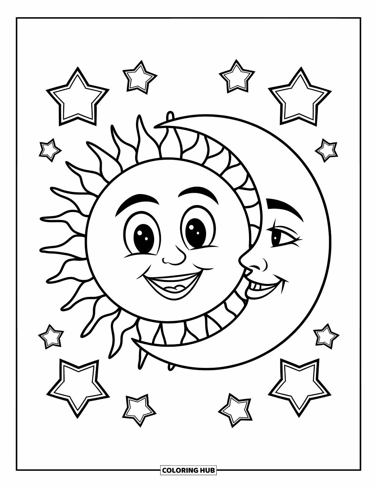 Sun And Moon Coloring Page for Kids: A cheerful sun and soft moon sit side by side with bold stars