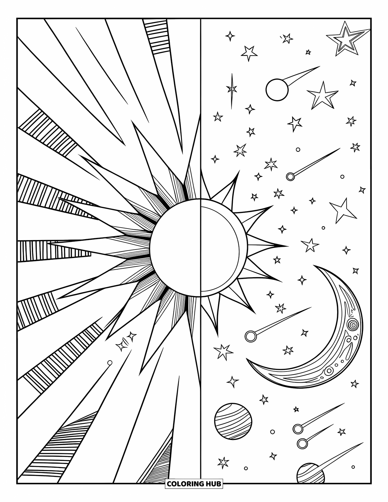 Sun And Moon Coloring Page for Kids: A dreamy sky splits between sun rays and a star-filled moonlit night