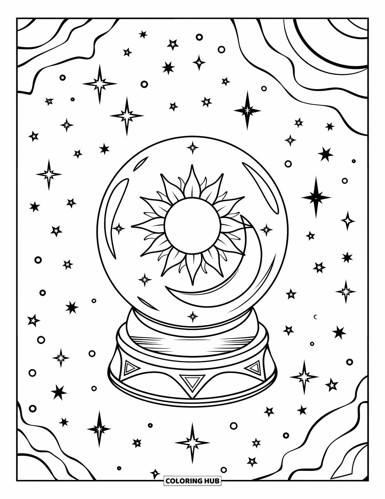 Sun And Moon Coloring Page for Kids: A floating crystal ball holds a sun and moon under a starry sky