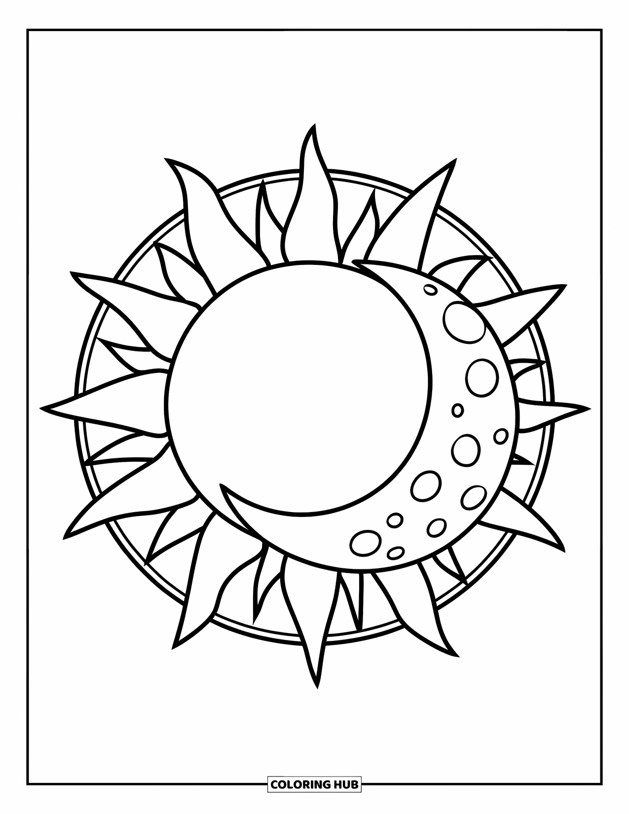 Sun And Moon Coloring Page for Kids: A framed sun and moon with clean rays and simple craters