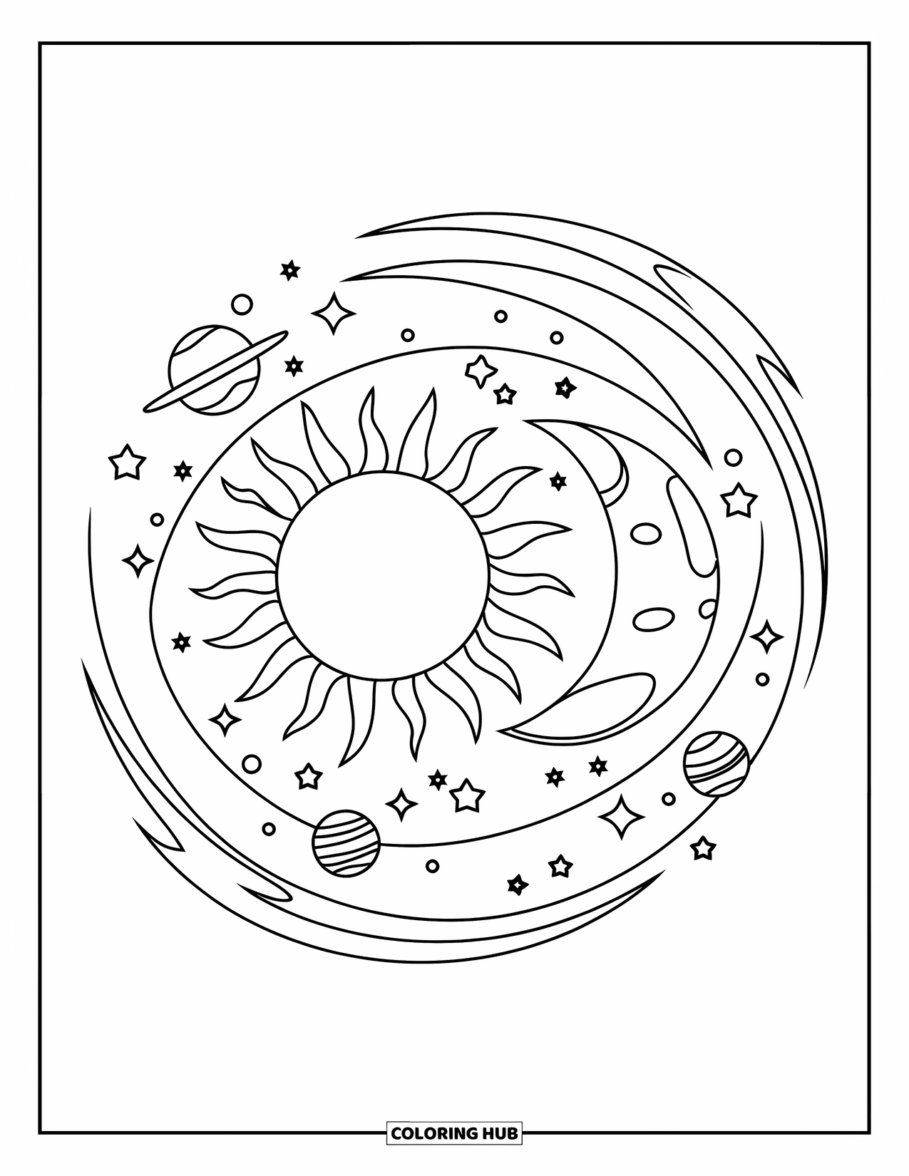 Sun And Moon Coloring Page for Kids: A fun sun and moon spin together in a swirl of stars and planets