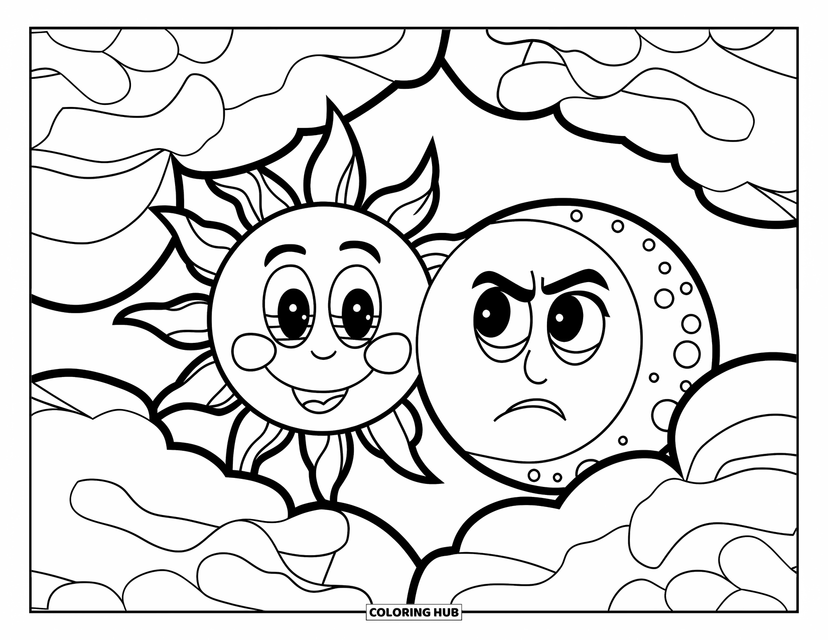 Sun And Moon Coloring Page for Kids: A happy sun and grumpy moon peek out from fluffy clouds