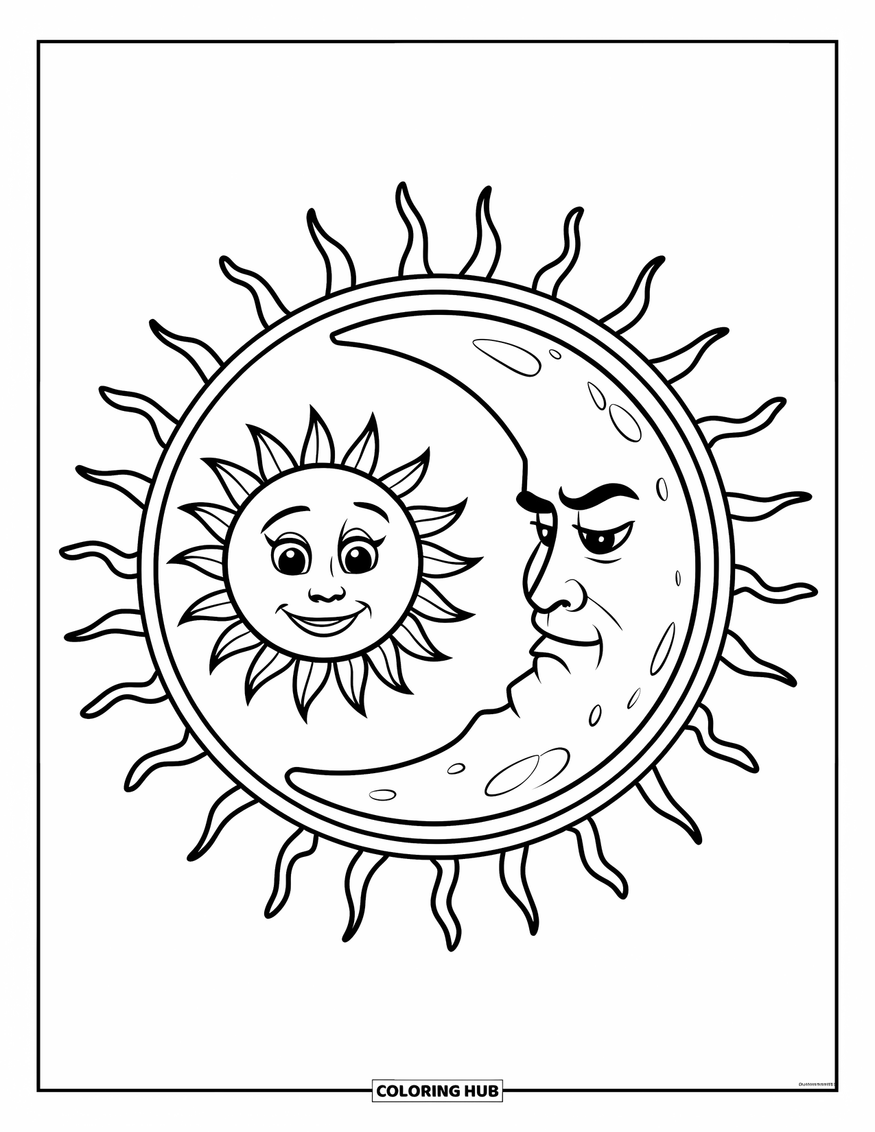 Sun And Moon Coloring Page for Kids: A happy sun and moody moon share a frame with simple rays