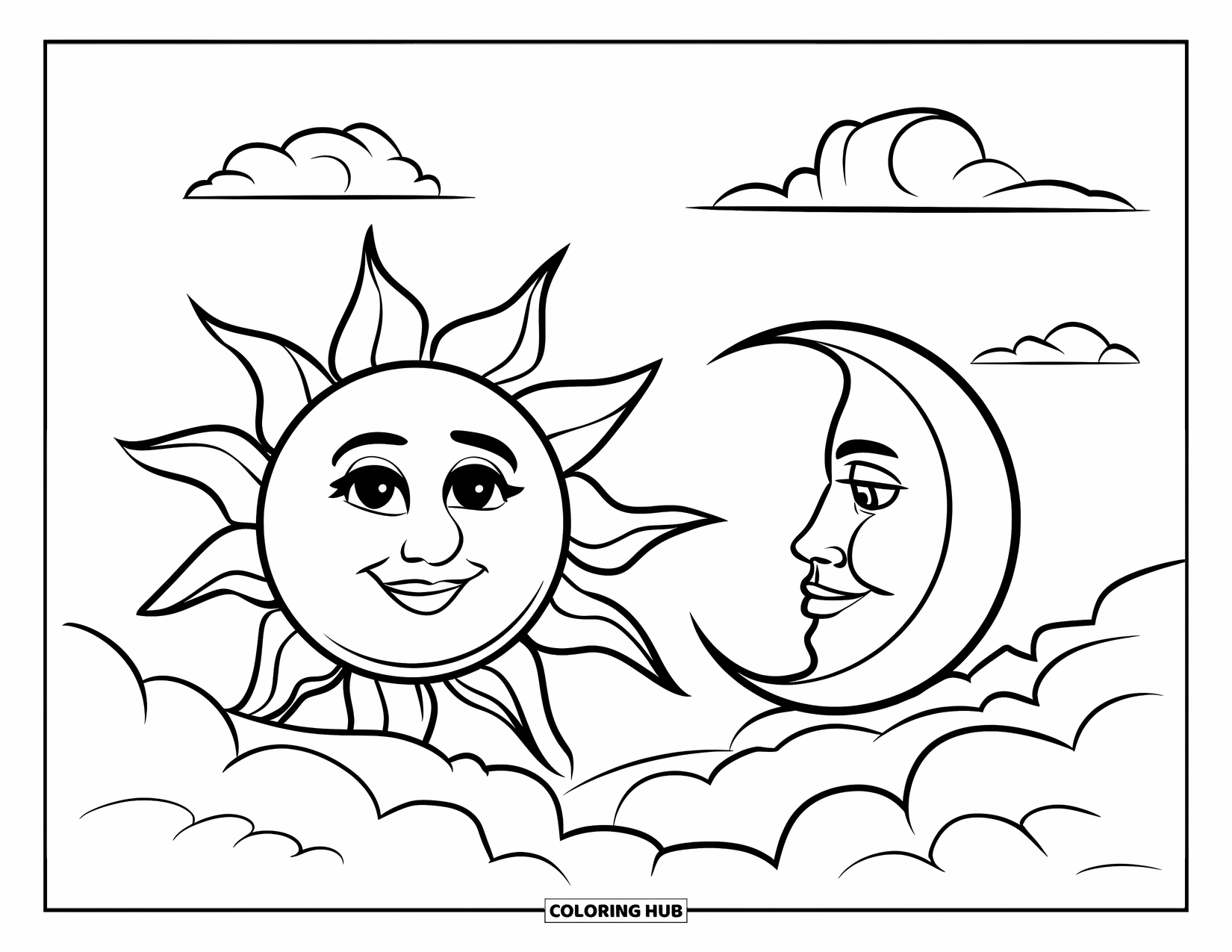 Sun And Moon Coloring Page for Kids: A smiling sun and crescent moon pop from opposite clouds in a calm sky