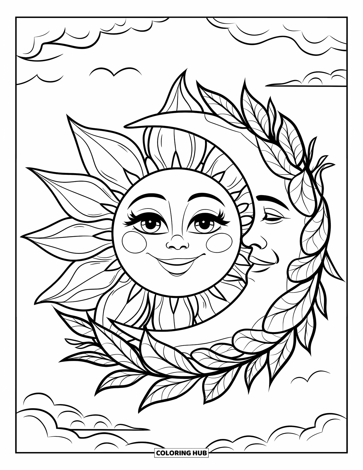 Sun And Moon Coloring Page for Kids: A smiling sun with petals and a leafy moon float among clouds and trees