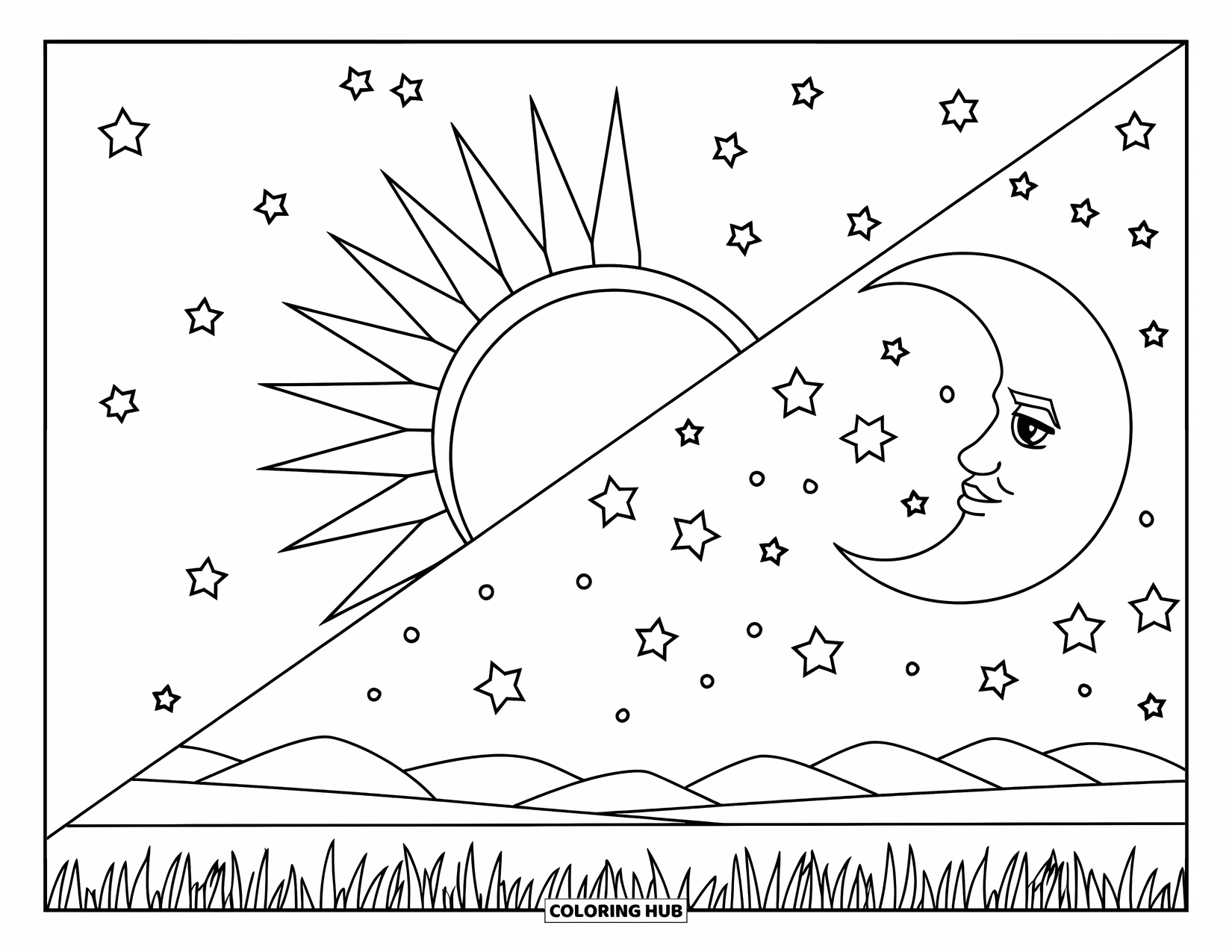 Sun And Moon Coloring Page for Kids: A split sky with a happy sun and a round-faced moon above green hills