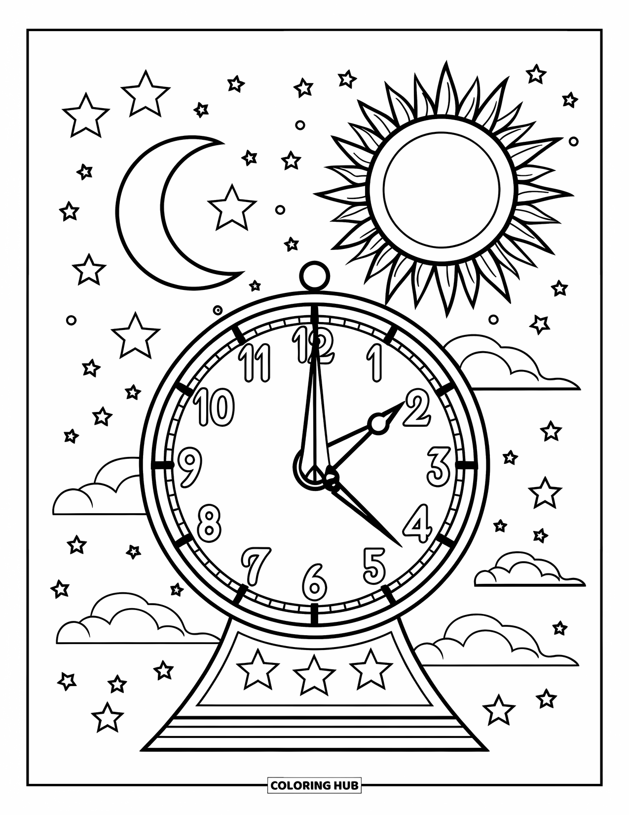 Sun And Moon Coloring Page for Kids: A starry clock points to 7 and 12 with clouds, sun, and crescent moon