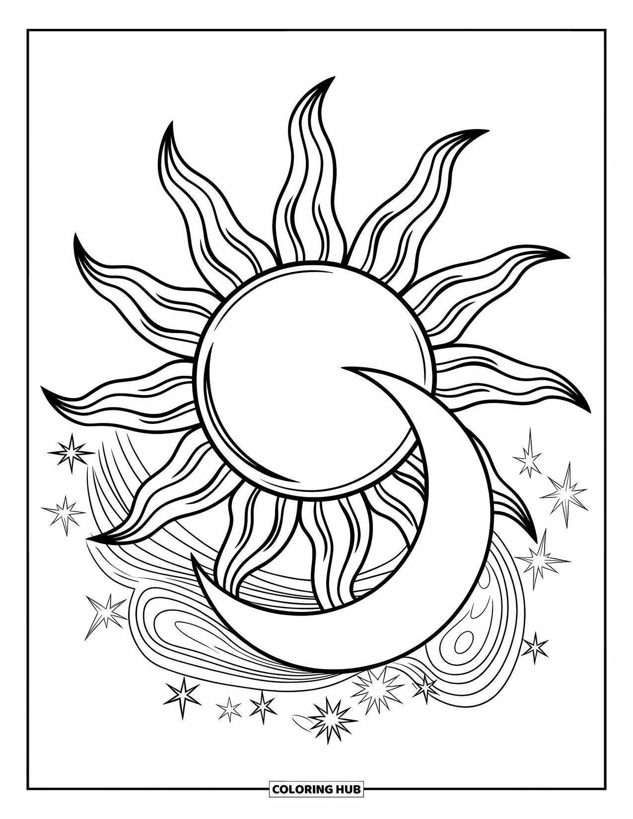 Sun And Moon Coloring Page for Kids: A stylized sun and moon shine together with swirling stars in between